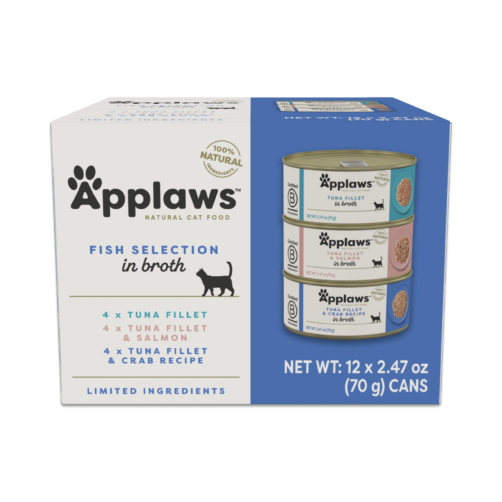 Applaws natural wet cat food tuna fillet can—high-protein meal for active cats.
