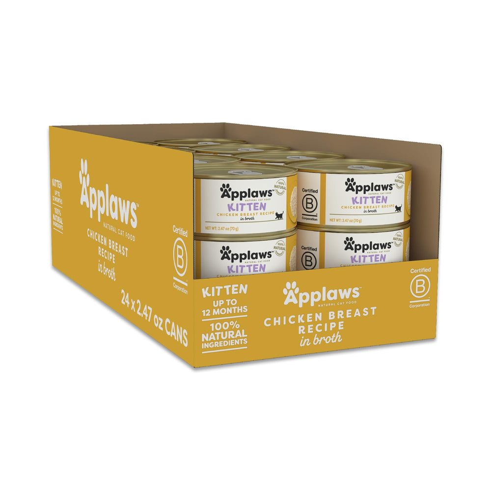 Applaws natural wet kitten food in broth cans, front view, protein-rich meal idea.