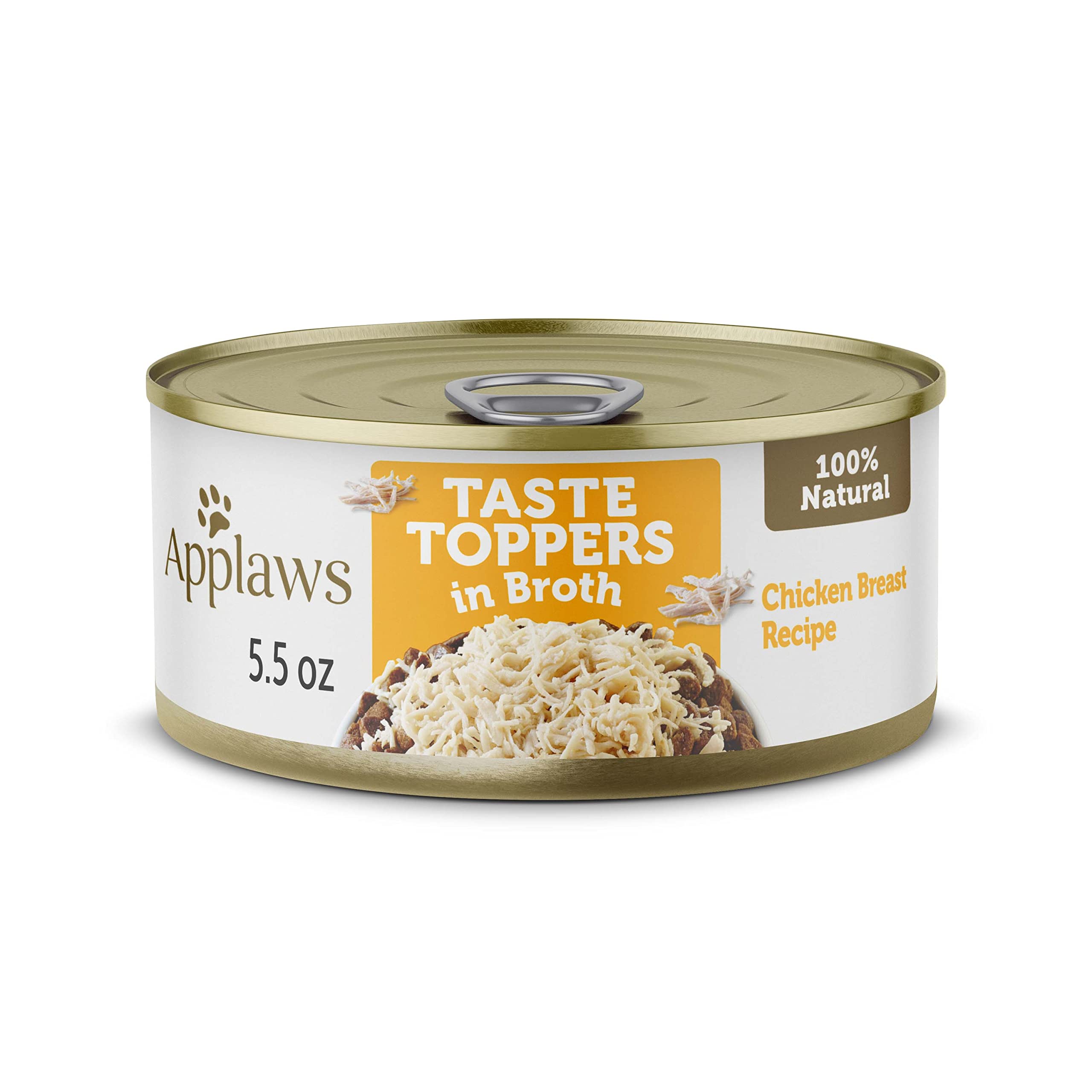 Applaws Taste Toppers packaging shows chicken breast in broth, grain-free reward.