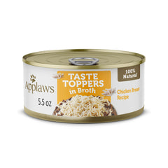Applaws Taste Toppers packaging shows chicken breast in broth, grain-free reward.