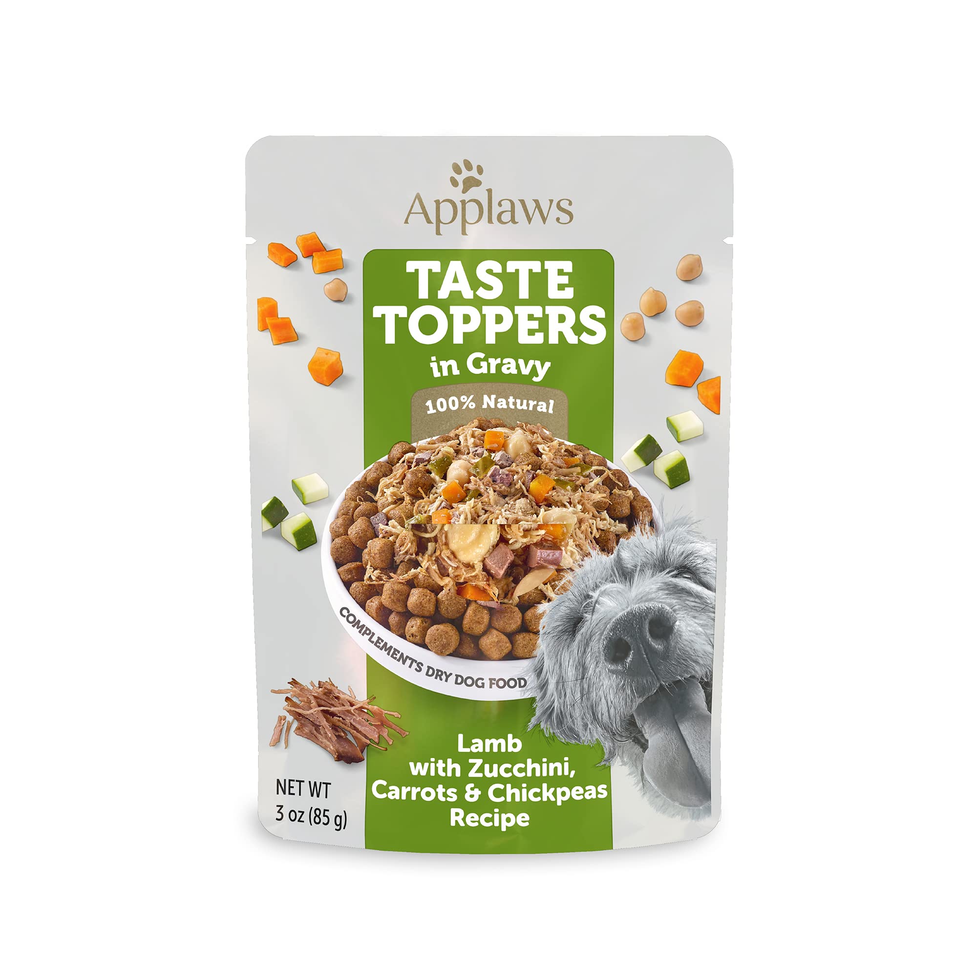 Applaws Taste Toppers lamb-zucchini-chickpeas-pouch helps fuel active dogs with real protein.