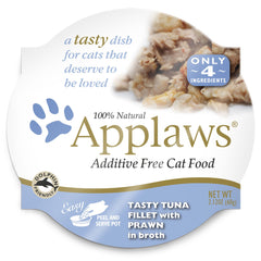 Applaws Tasty Tuna Fillet with Prawn cups closeup highlighting additive-free protein boost for cats.