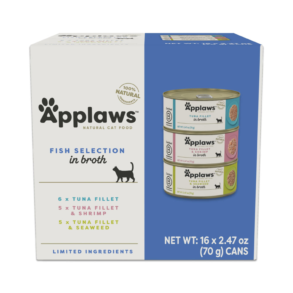 Applaws tuna fillet broth can close-up showing natural ingredients for hydration and protein.
