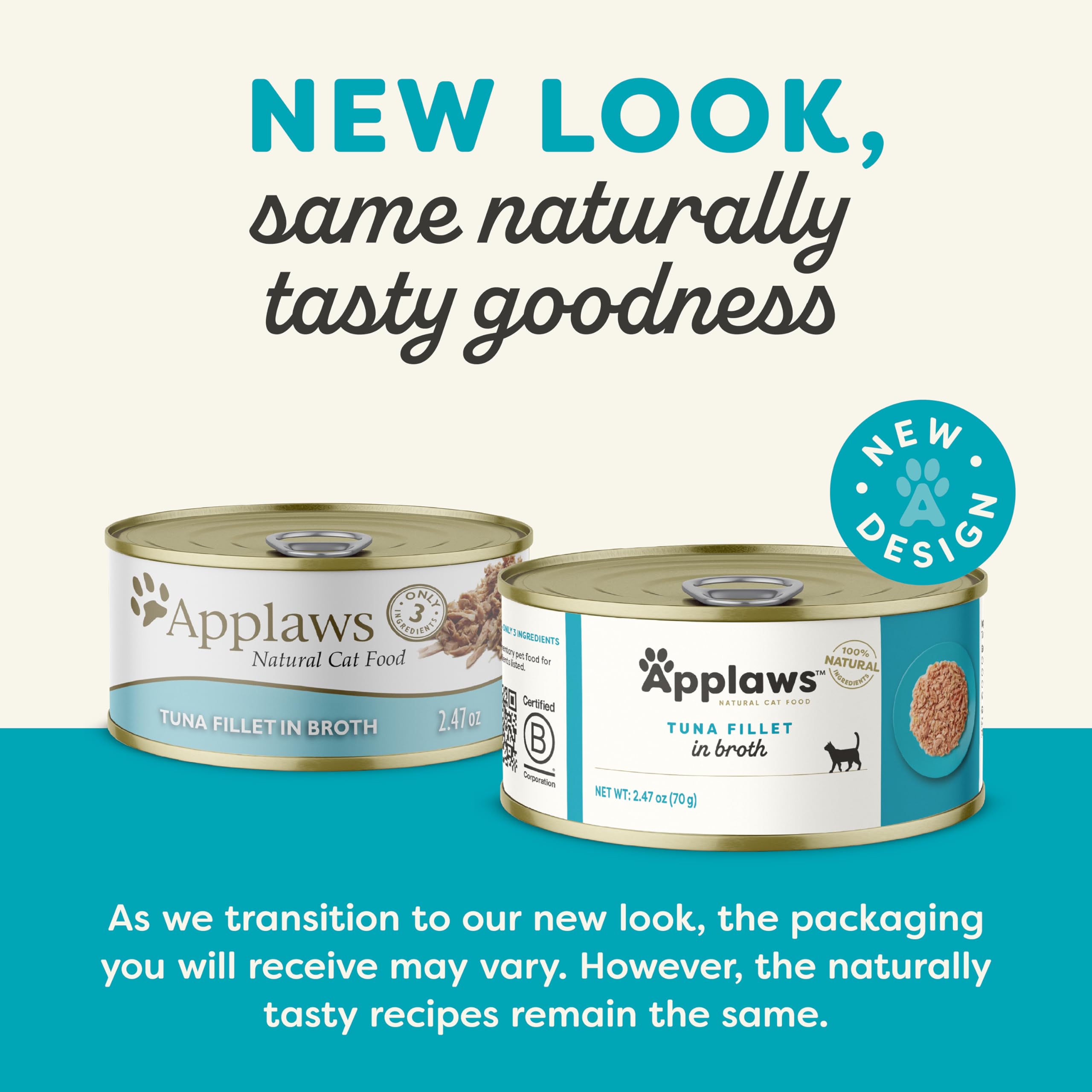 Close-up of Applaws tuna fillet in broth can label, simple ingredients and honesty.