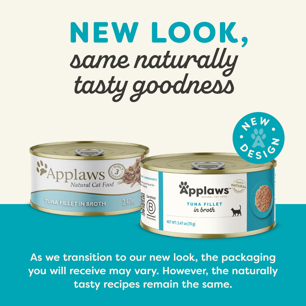Close-up of Applaws tuna fillet in broth can label, simple ingredients and honesty.