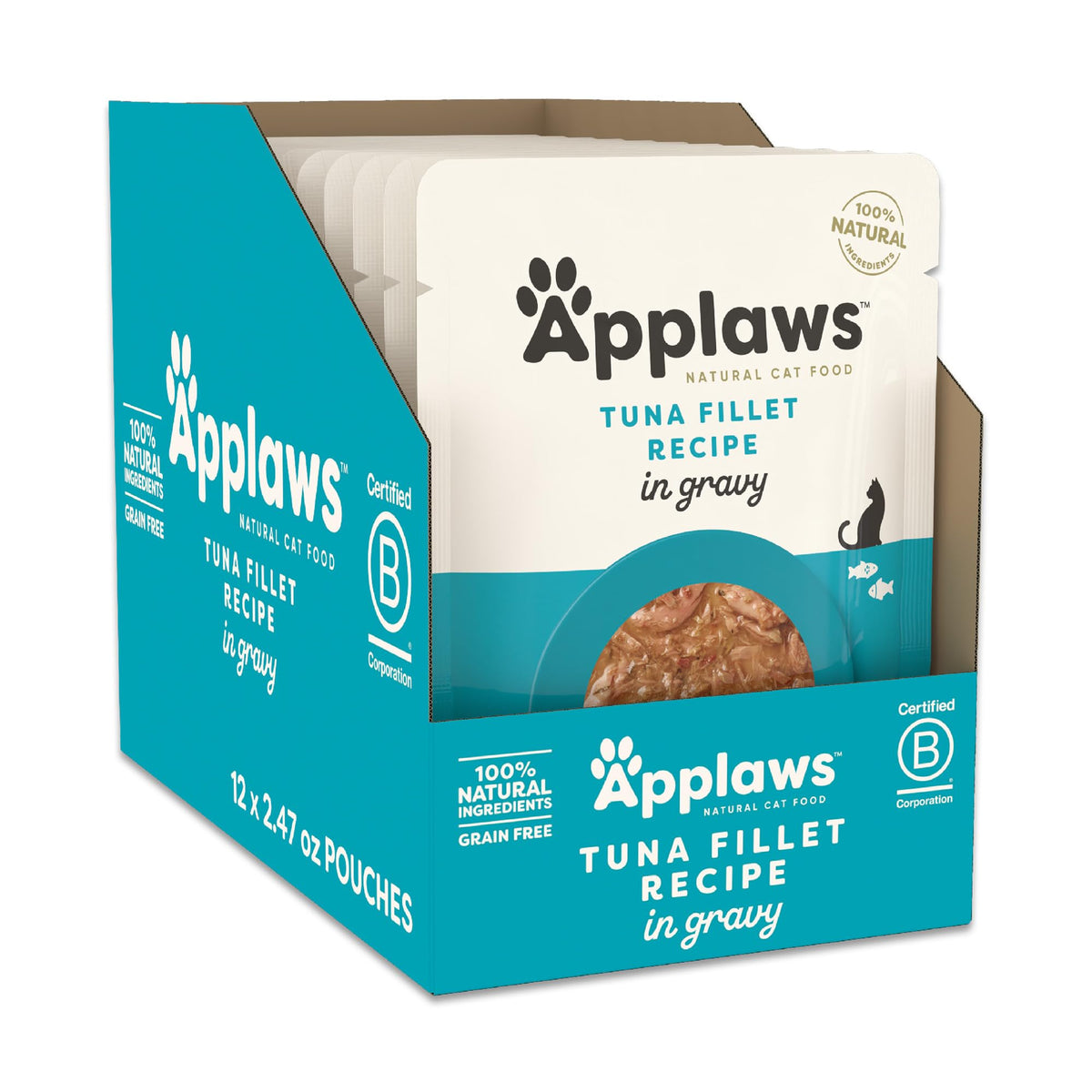 Applaws Tuna Fillet in Gravy packaging shows convenient 12x2.47oz pouches for easy serving.