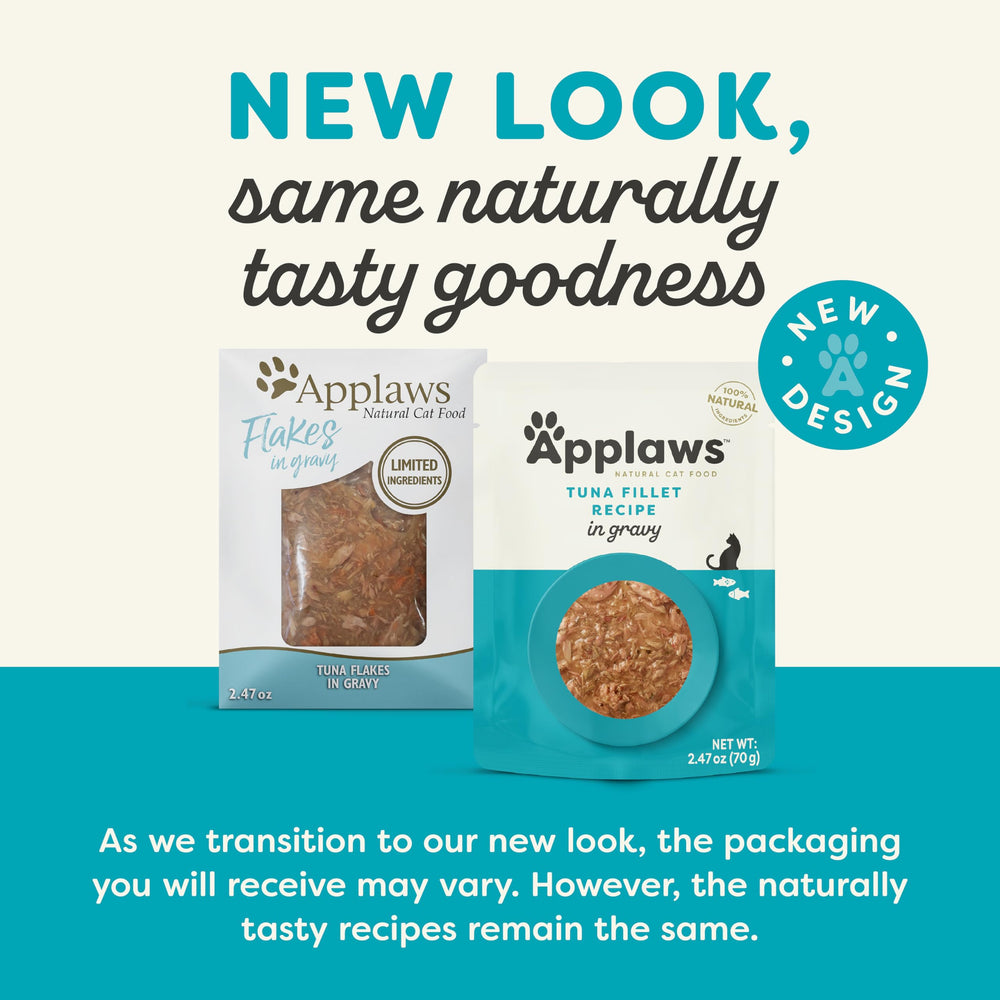 Applaws Tuna Fillet in Gravy pouch closeup highlights natural ingredients for real protein.
