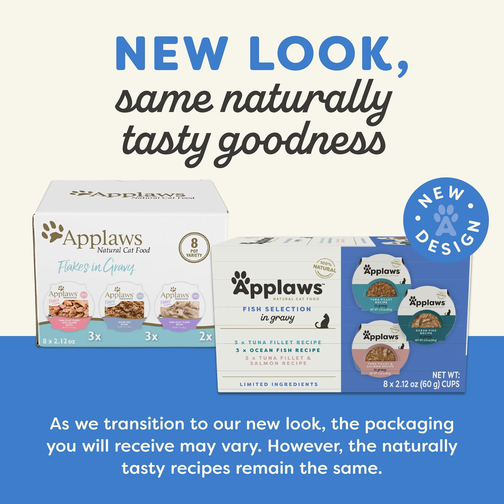 Applaws tuna fillet recipe cups display protein-rich meal option for active cats.