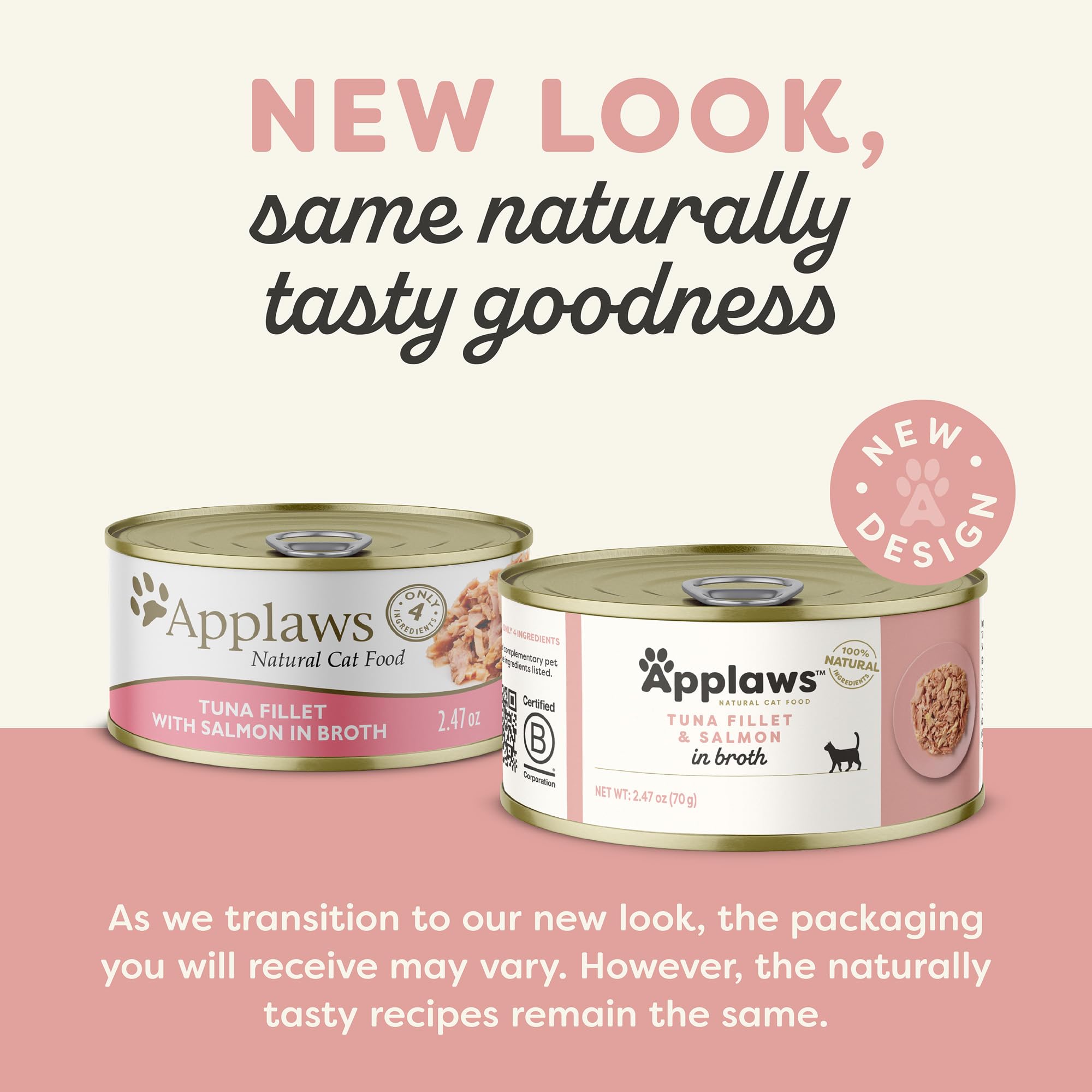 Applaws tuna fillet with salmon in broth can demonstrates protein-first meal.