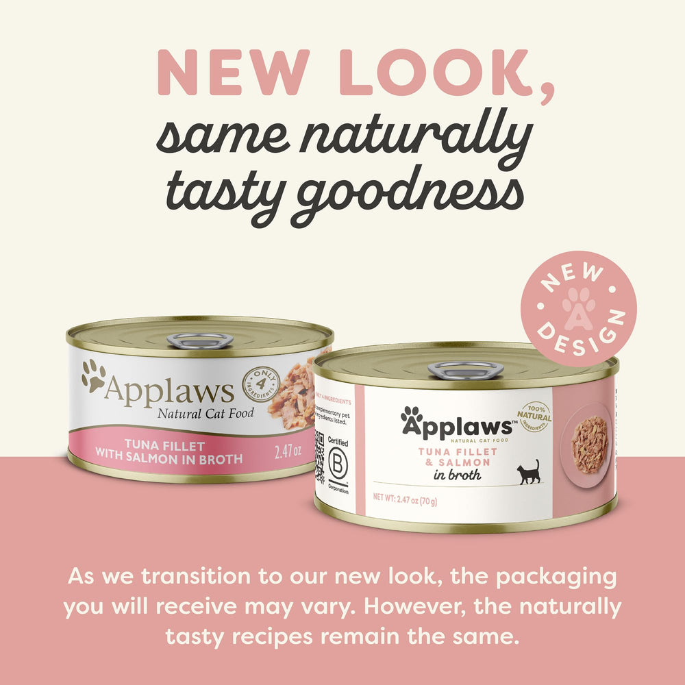 Applaws tuna fillet with salmon in broth can demonstrates protein-first meal.