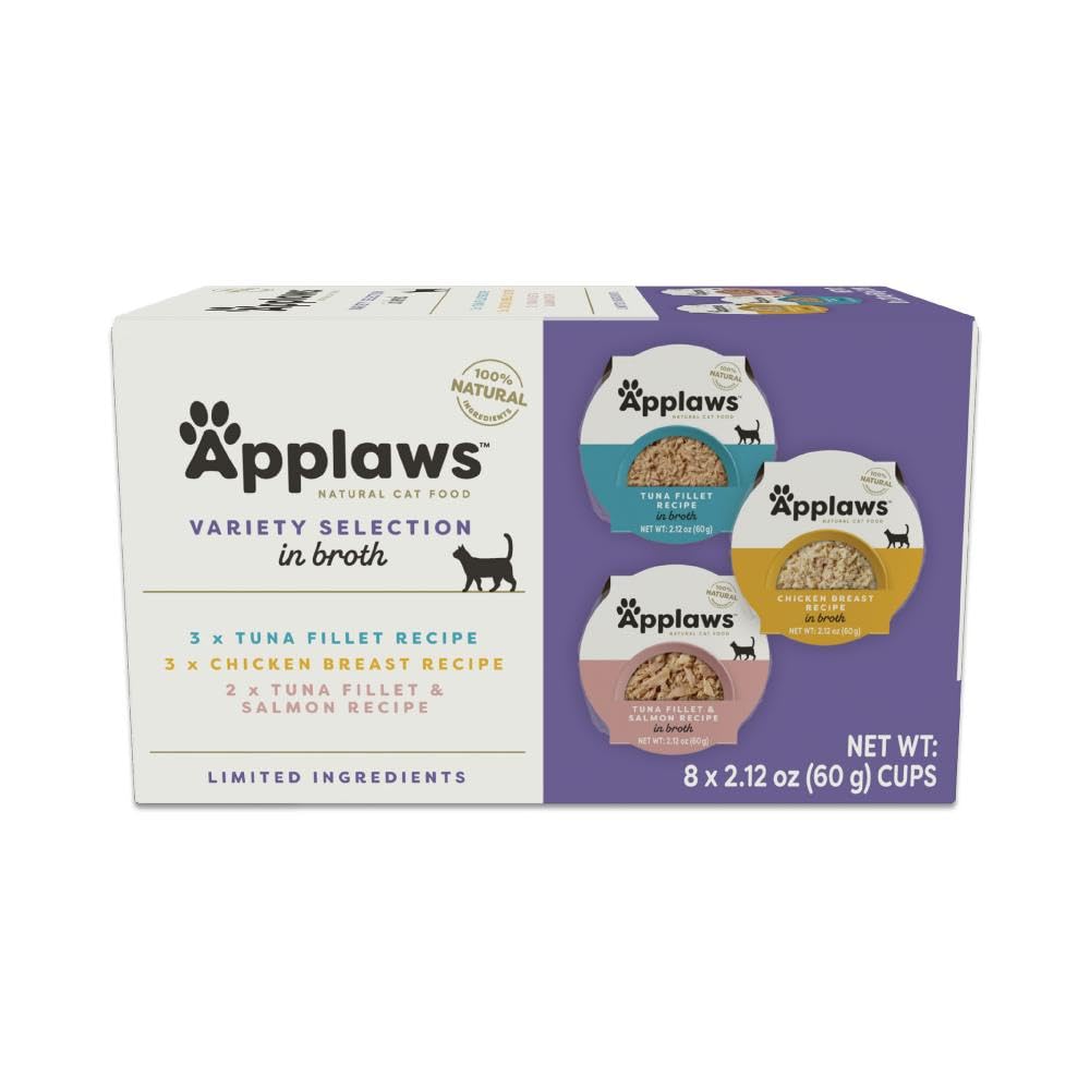 Applaws wet cat food broth tuna cups highlight hydrating moisture for meals.