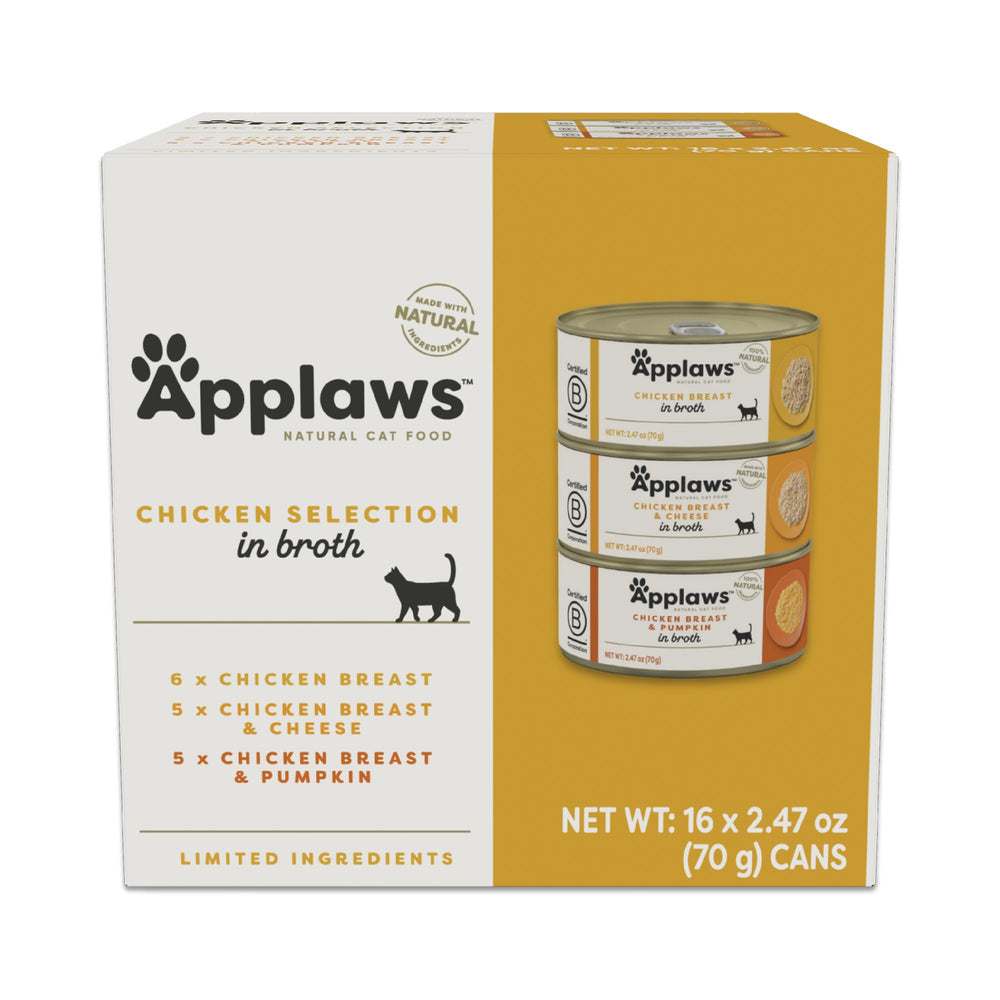 Applaws natural wet cat food chicken selection pack in broth – protein-packed meal for curious indoor cats.