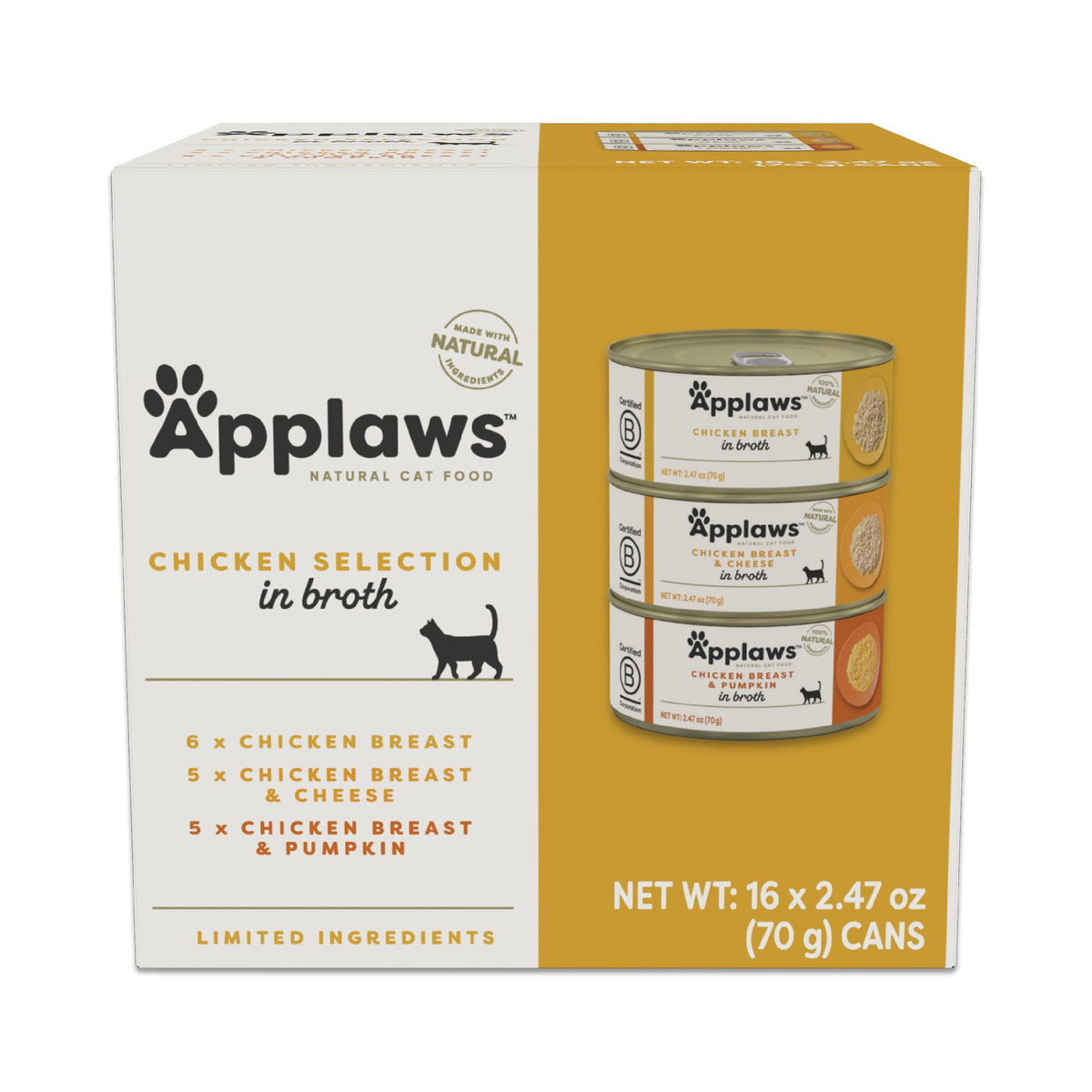 Applaws natural wet cat food chicken selection pack in broth – protein-packed meal for curious indoor cats.