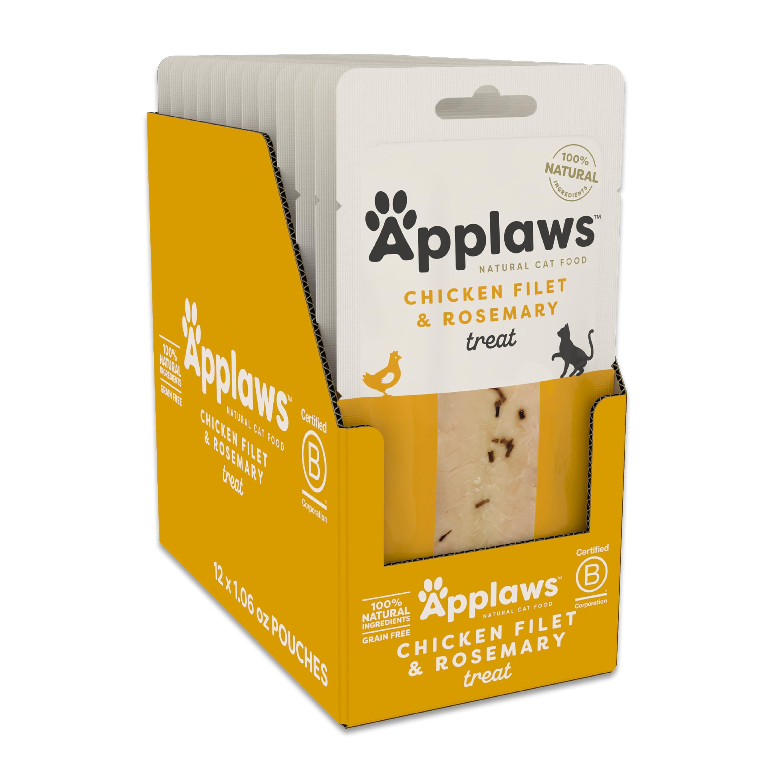 Applaws whole chicken rosemary loin sachet—premium single-ingredient treat for curious cats during snacking.