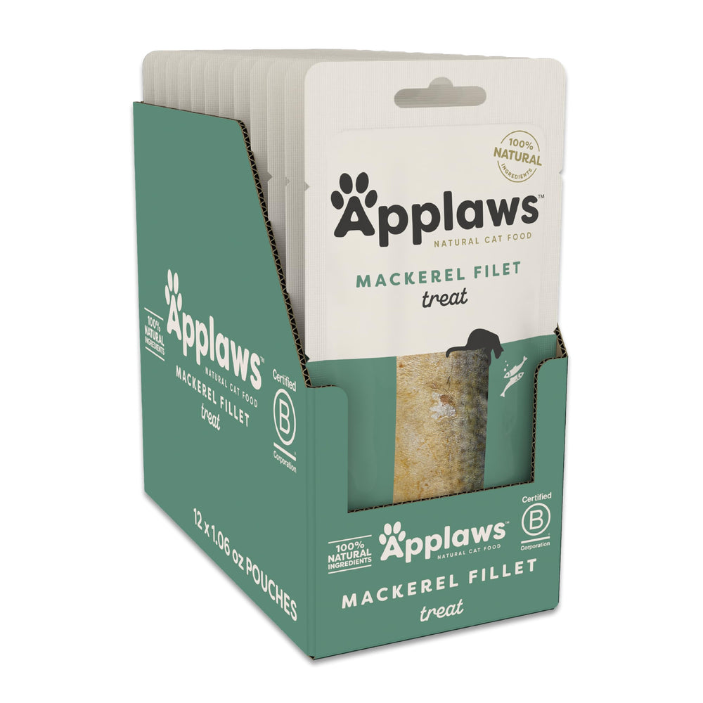 Applaws whole mackerel loin sachet delivers protein-rich cat treat for finicky eaters.