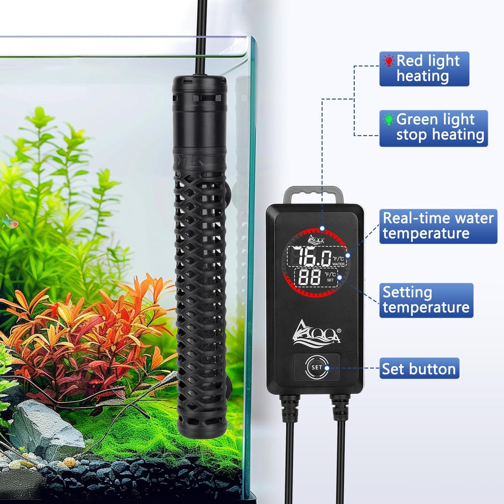 AQQA 800W heater shows over-temperature and dry-run protections.