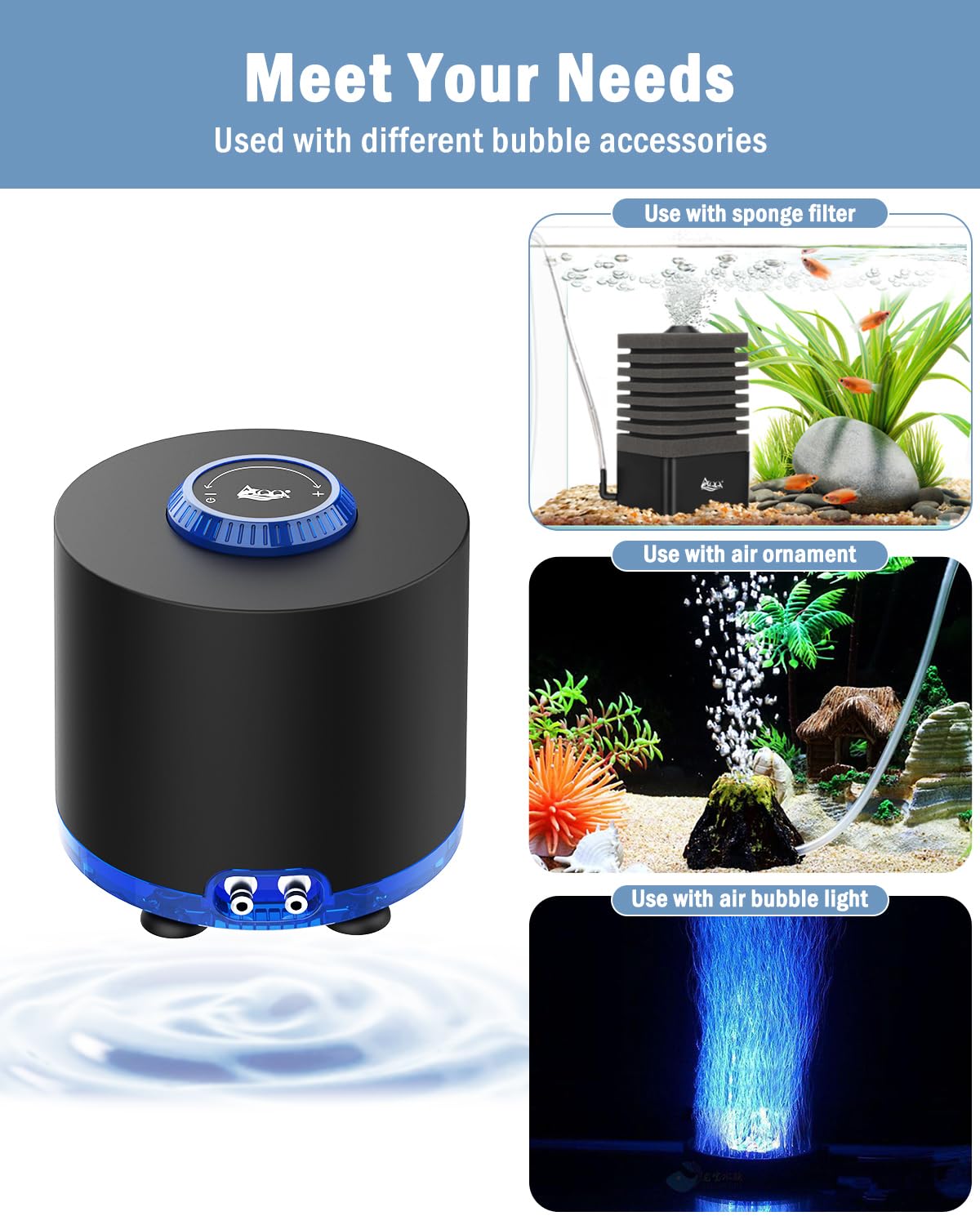 AQQA Aquarium Air Pump adjustable flow knob enables easy airflow control
