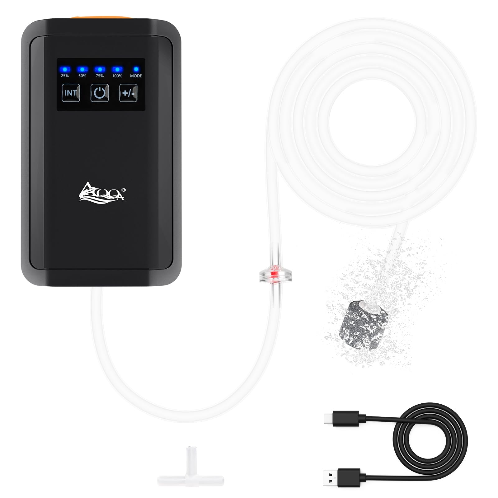 AQQA aquarium air pump front view shows compact design for easy placement in tanks.