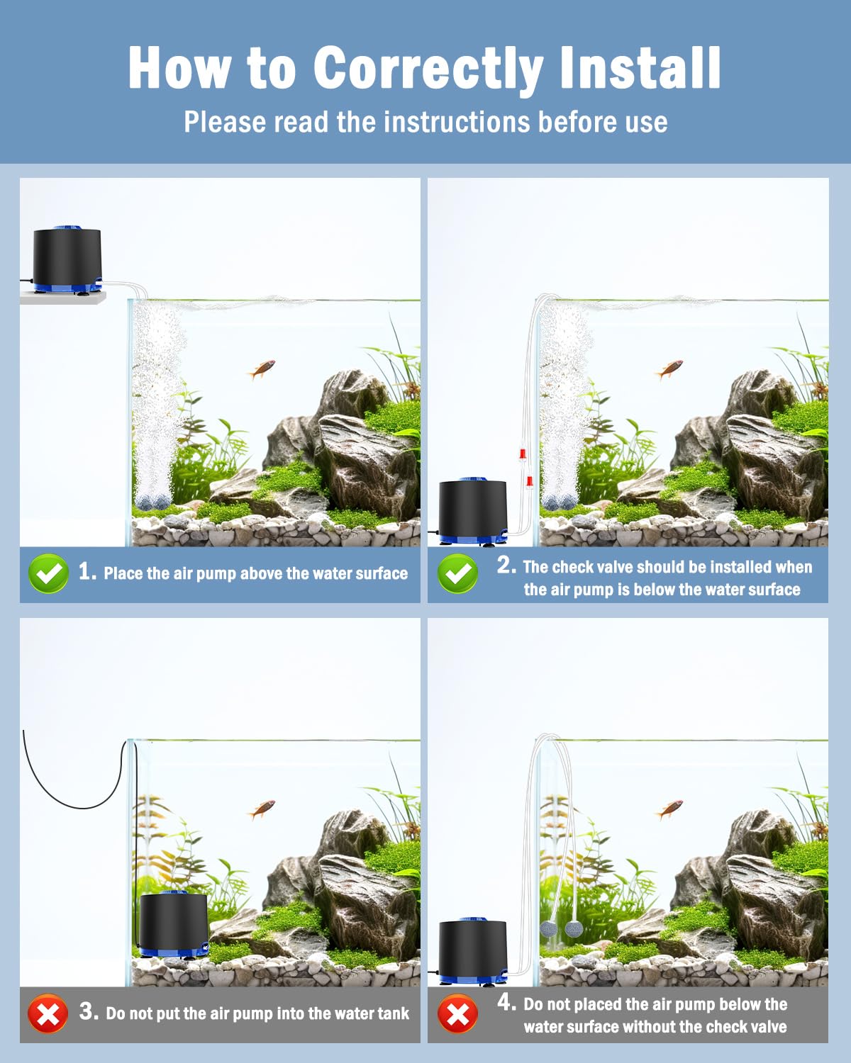 AQQA Aquarium Air Pump noise test graphic shows quiet operation under 35 dB