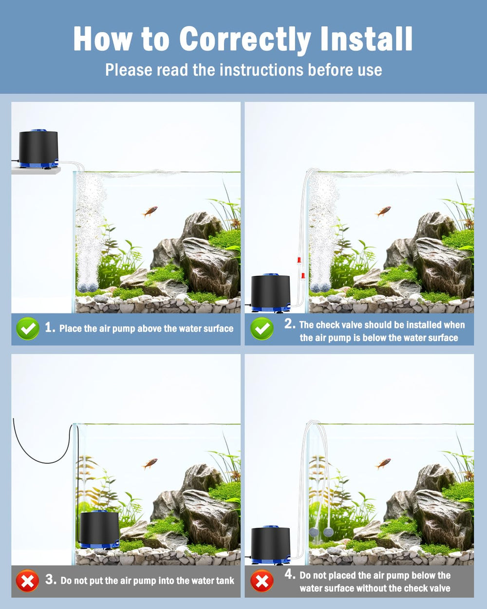 AQQA Aquarium Air Pump noise test graphic shows quiet operation under 35 dB