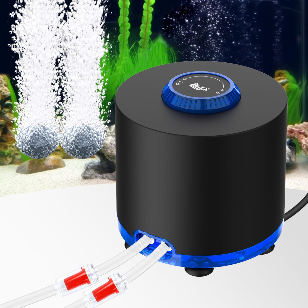 AQQA Aquarium Air Pump Tubby front view showing quiet operation