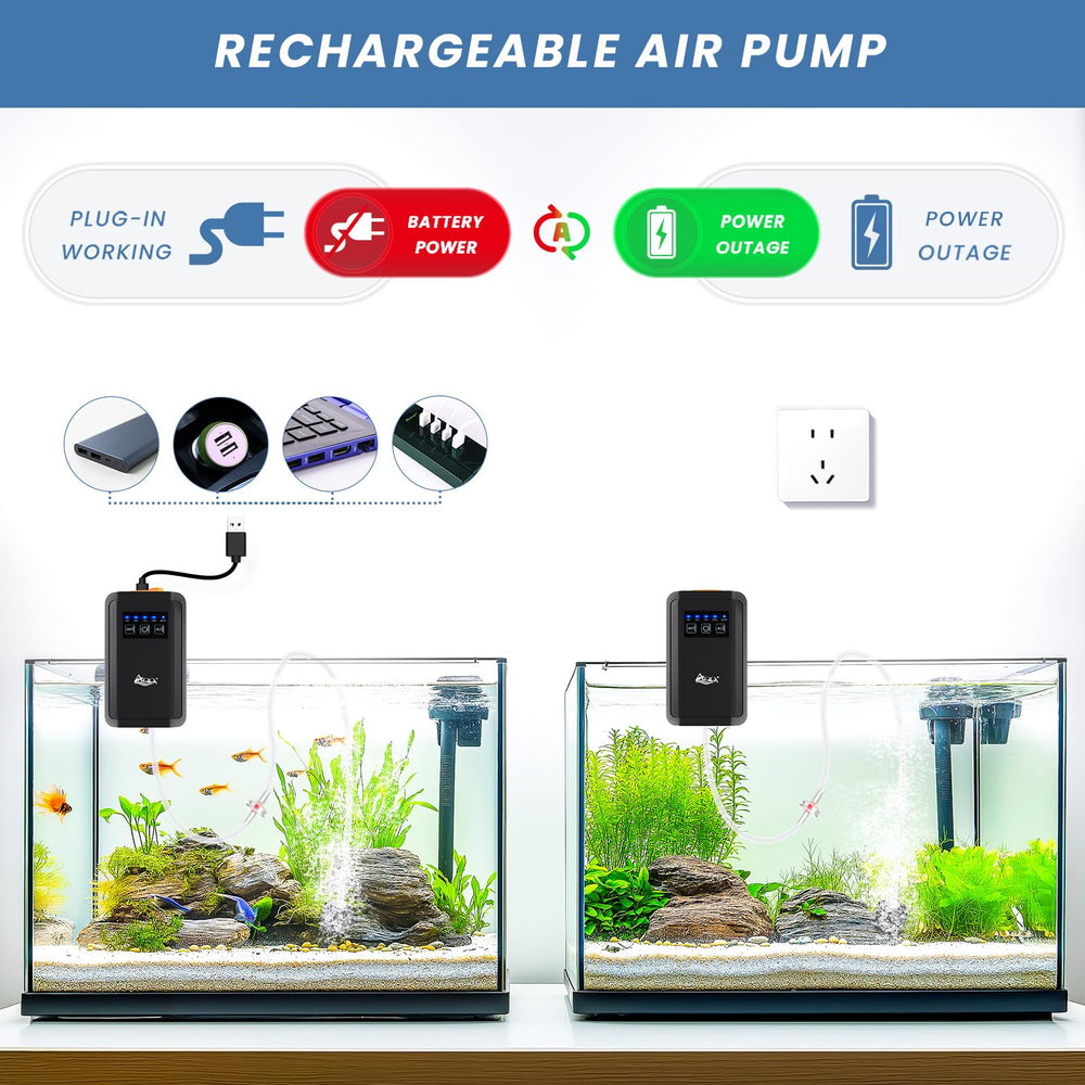 AQQA aquarium air pump side ports highlight adjustable airflow options for different tanks.