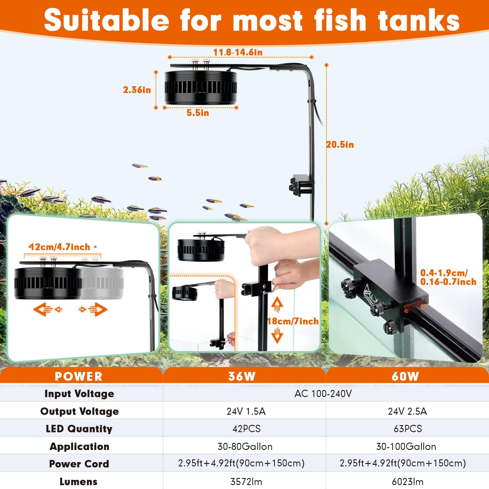AQQA clip-on stream light rgb mode adds color while showcasing fish.