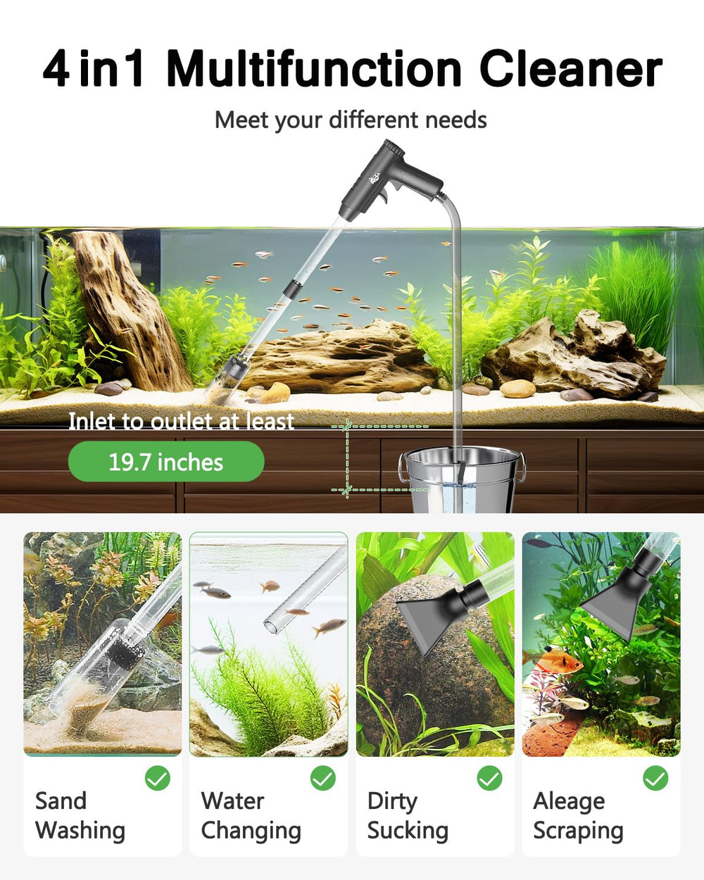 AQQA 4-in-1 gravel cleaner showing sand washing and water changing features.