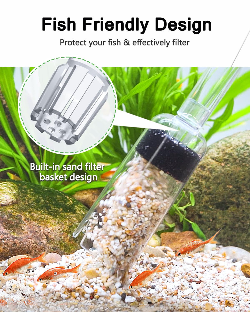 AQQA gravel cleaner with three extension tubes for different tank sizes.