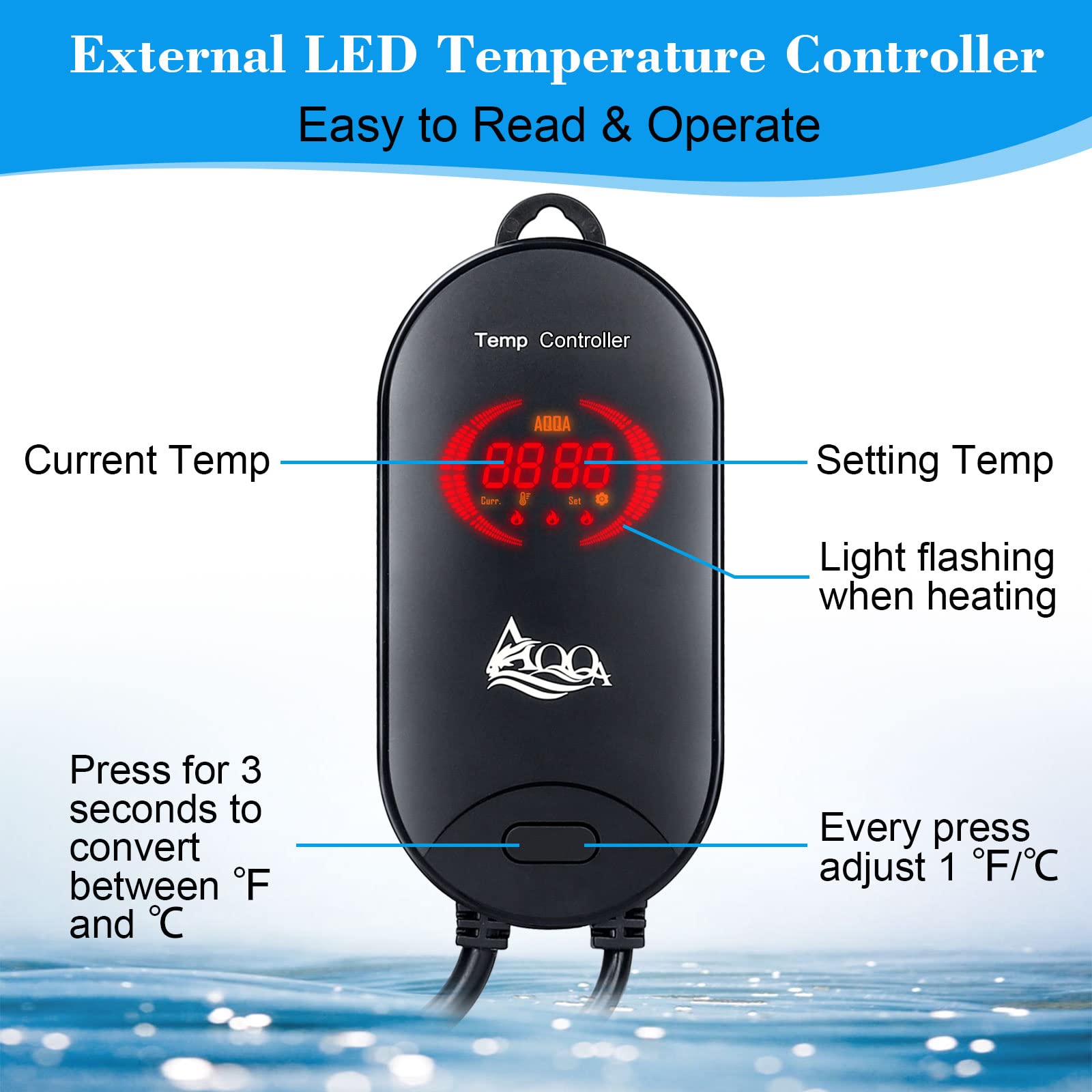 AQQA Aquarium Heater fully submerged for stable warmth in fish tanks up to 300 gallons.