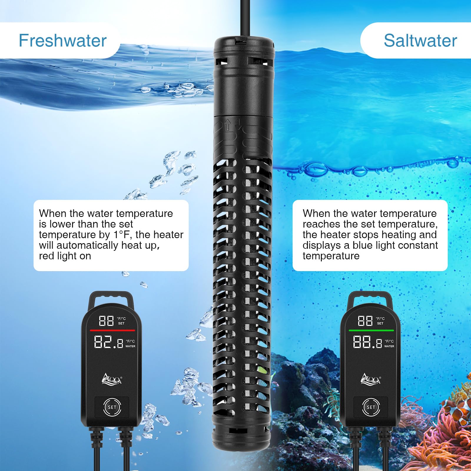 AQQA Aquarium Heater in-water installation demonstrates safe immersion for efficient operation.