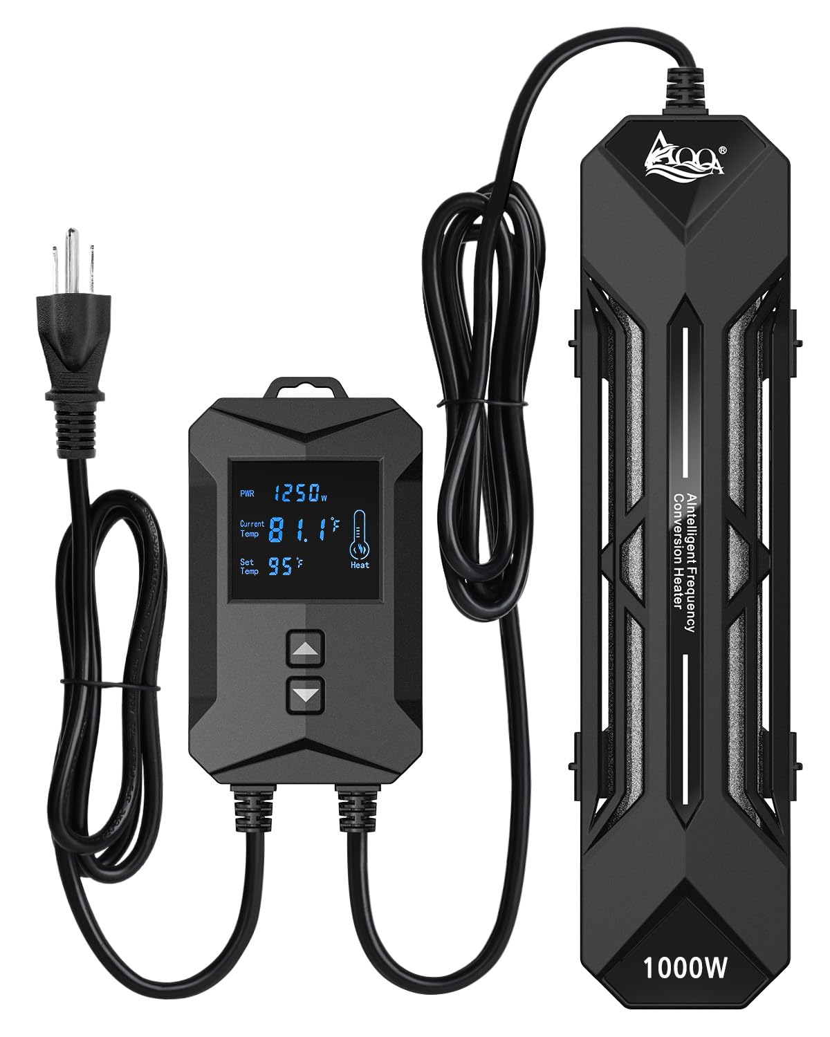 AQQA aquarium heater with LED display shows precise temperature control in action.