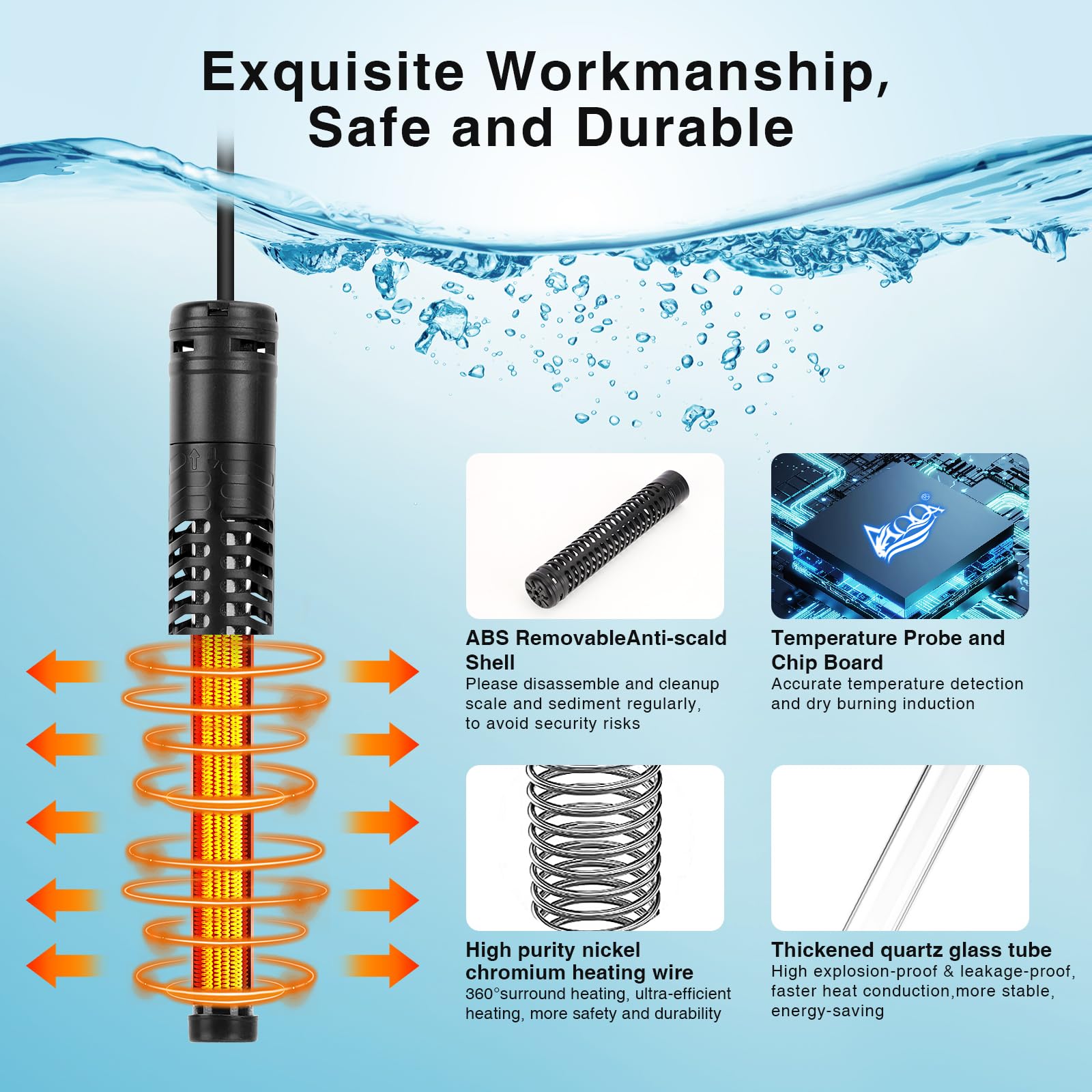 AQQA Aquarium Heater over-temperature protection alerts with flashing readout to prevent overheating.