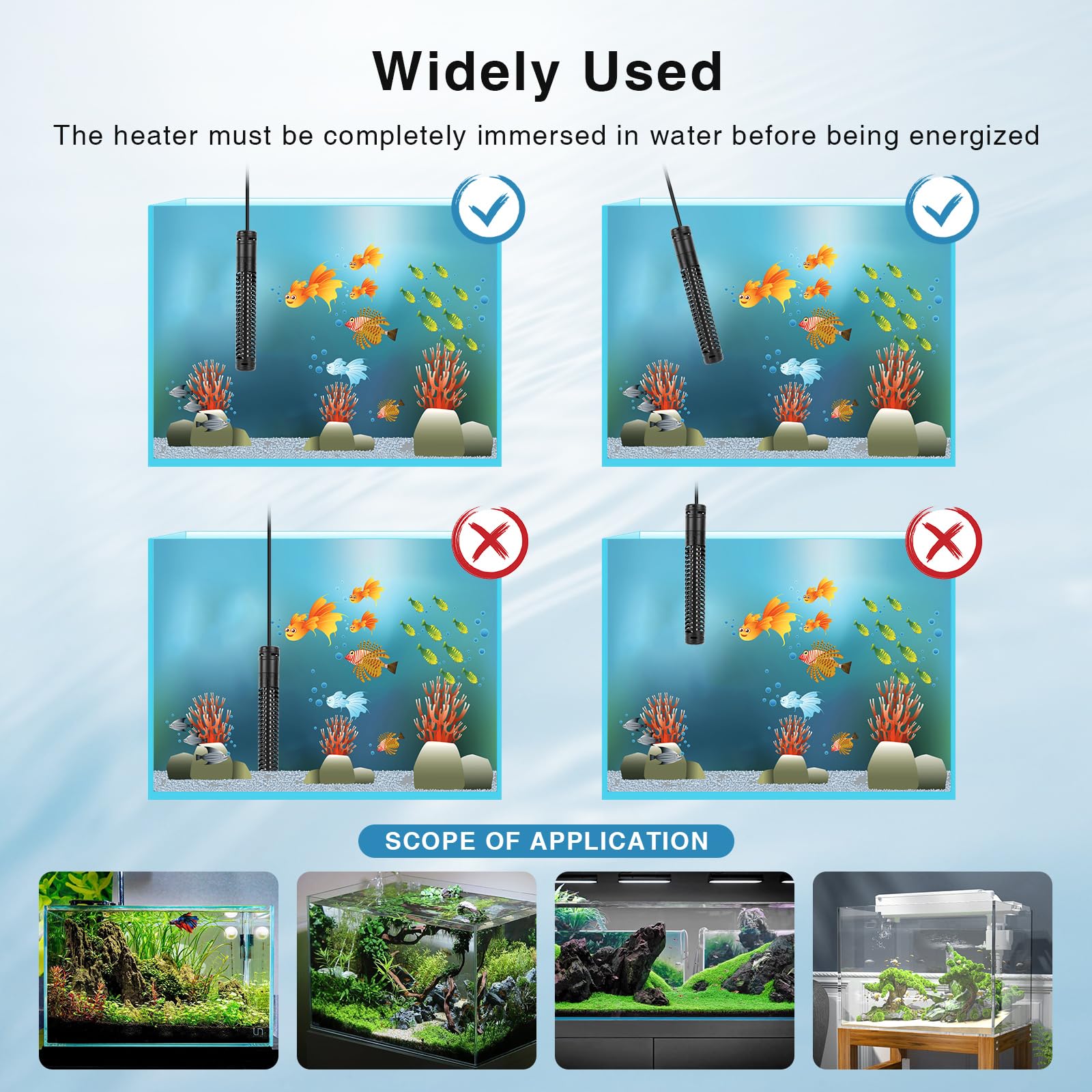AQQA Aquarium Heater temperature range 59-93°F enables versatile tropical setups.