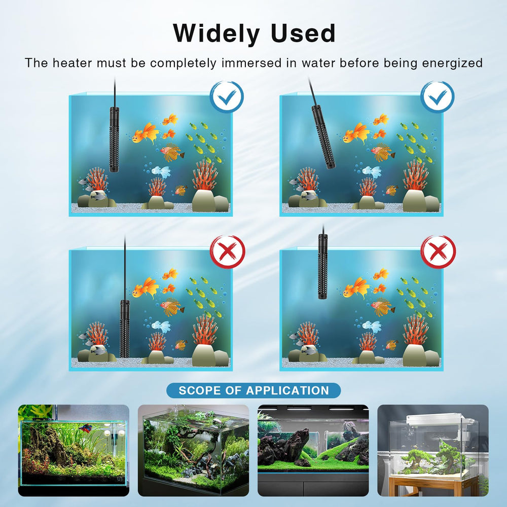 AQQA Aquarium Heater temperature range 59-93°F enables versatile tropical setups.