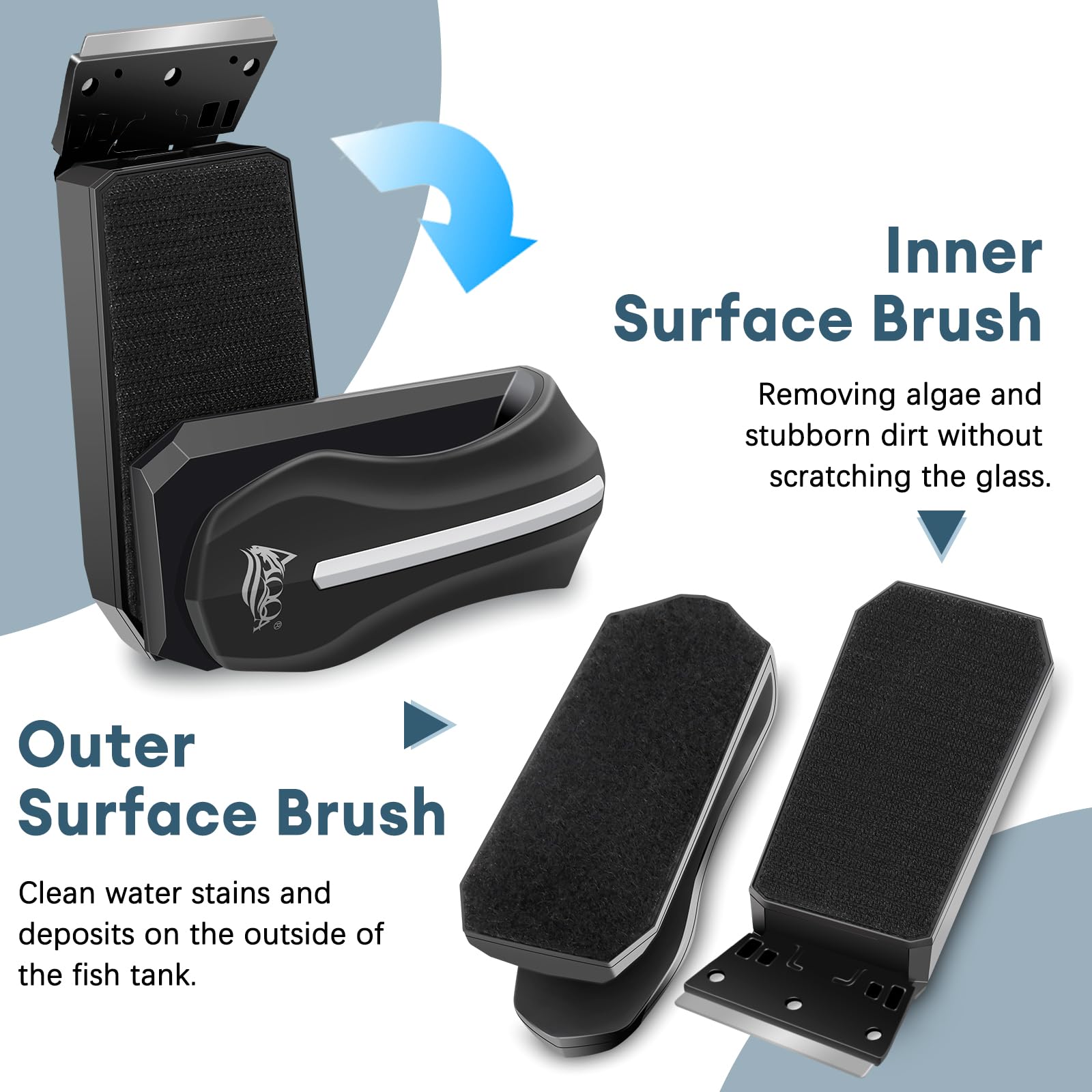 AQQA inner nylon hook scraper removes stubborn algae without harming glass.