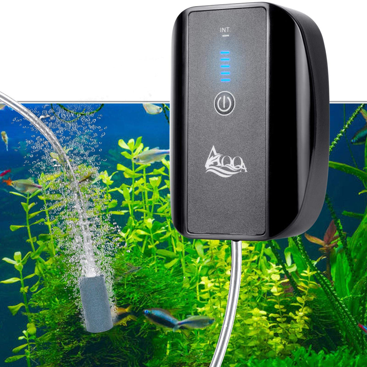 AQQA Aquarium Rechargeable Air Pump front view showing compact and quiet design for reliable aeration