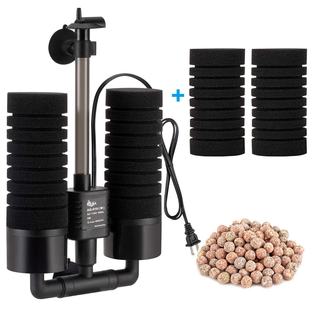 AQQA aquarium sponge water filter front view shows compact design for simple setup and quick start.