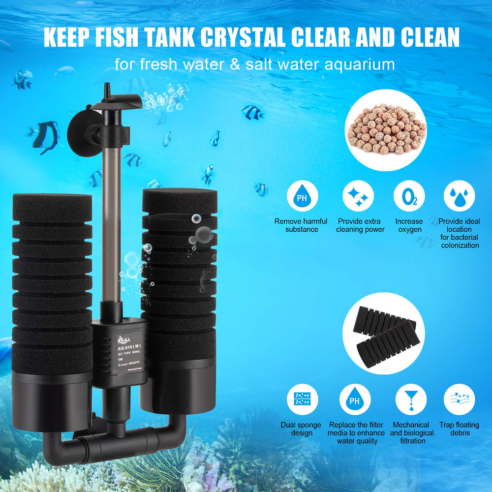 AQQA aquarium sponge water filter in-tank installation demonstrates stable placement with strong suction cups.