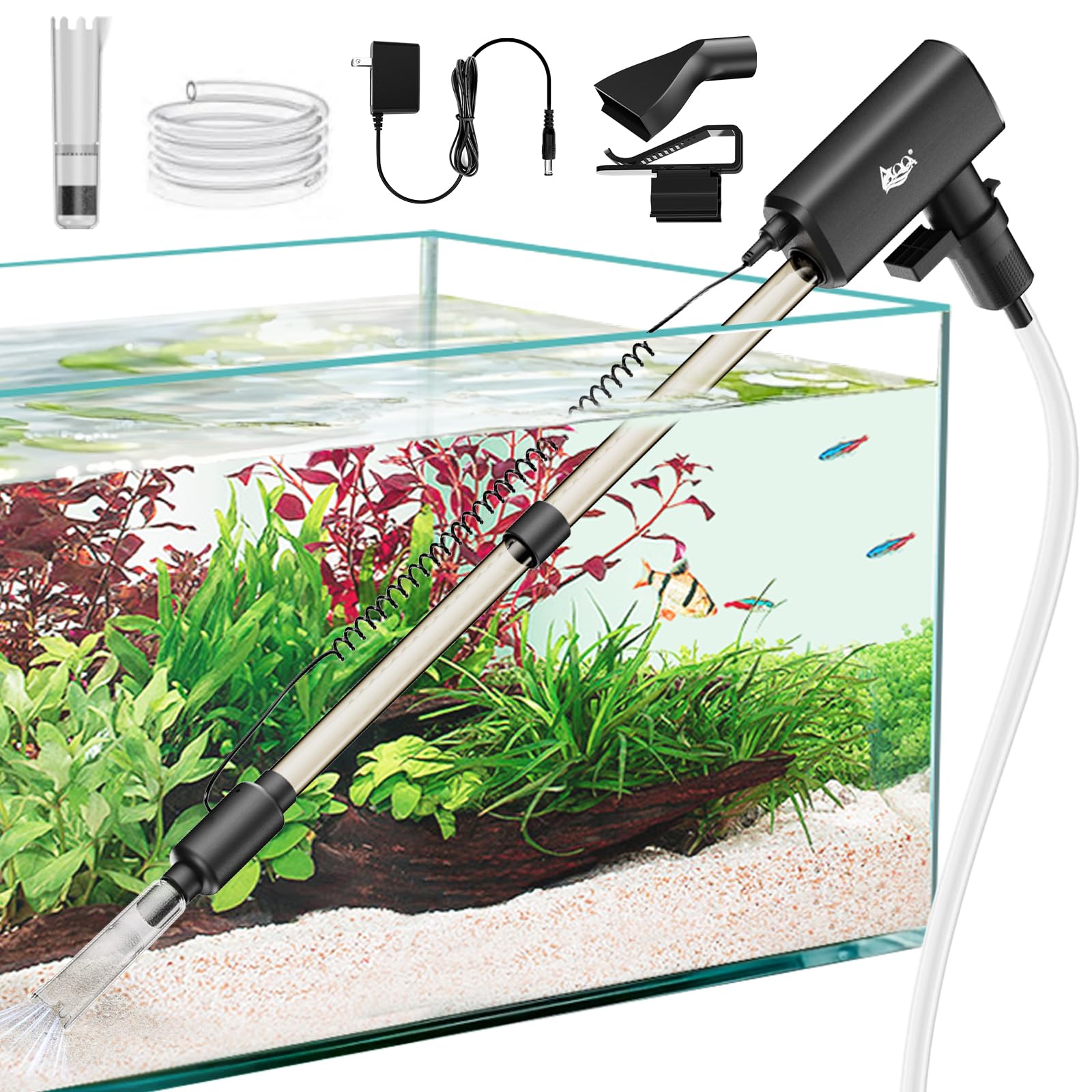 AQQA Aquarium Vacuum Cleaner 8W with filter screen delivers thorough debris pickup in freshwater tanks.