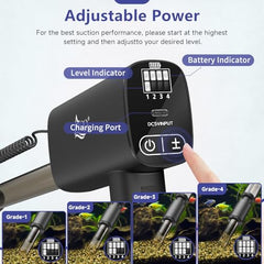 AQQA electric aquarium vacuum 20W suction for faster cleaning in larger tanks.