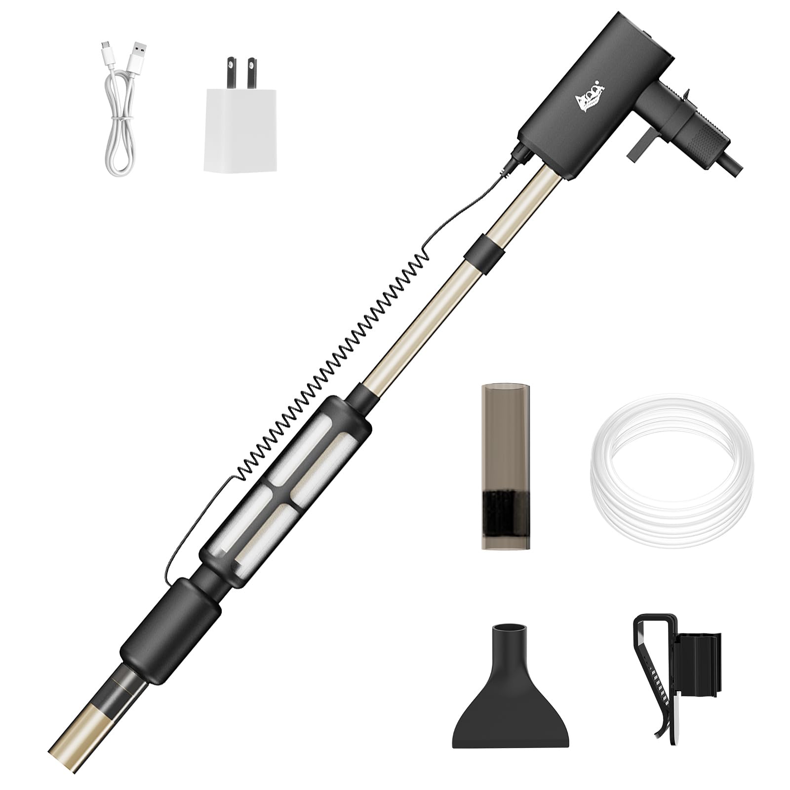 AQQA electric aquarium vacuum 8W model with filter captures fine debris for clean gravel.