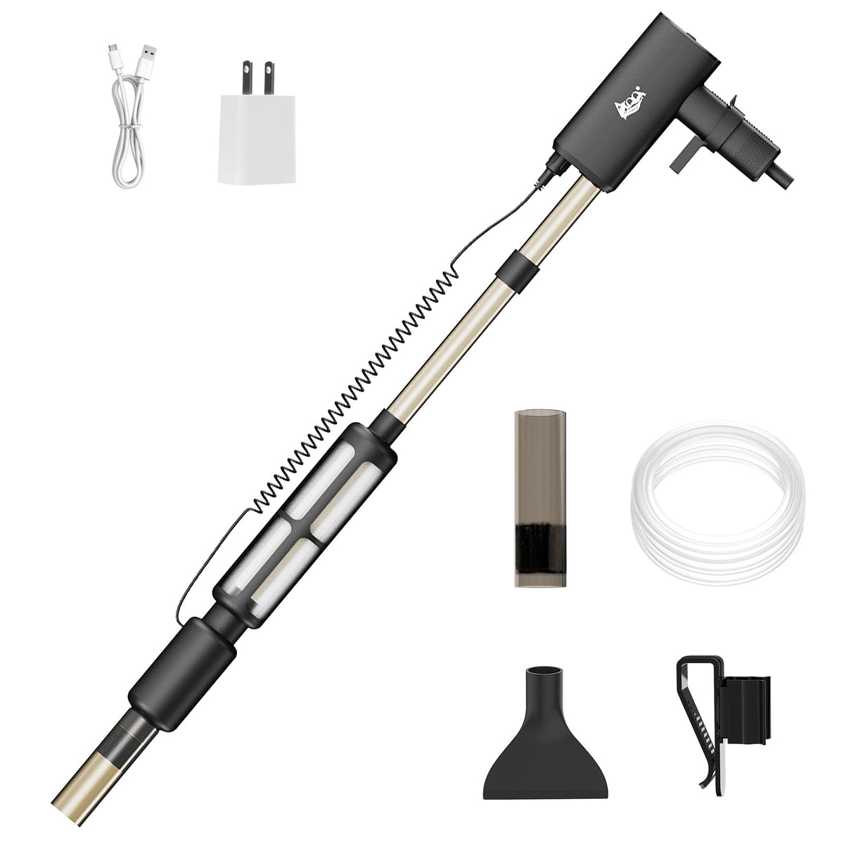 AQQA electric aquarium vacuum 8W model with filter captures fine debris for clean gravel.
