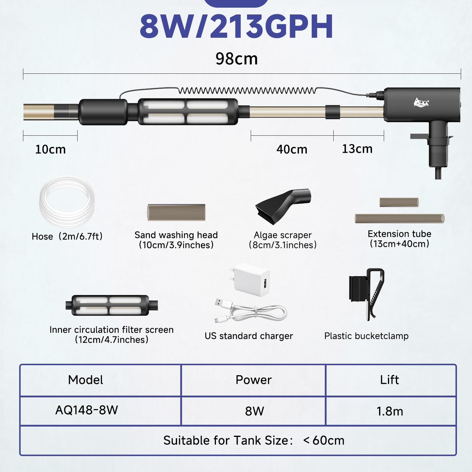 AQQA electric aquarium vacuum includes extension tubes for versatile configurations.