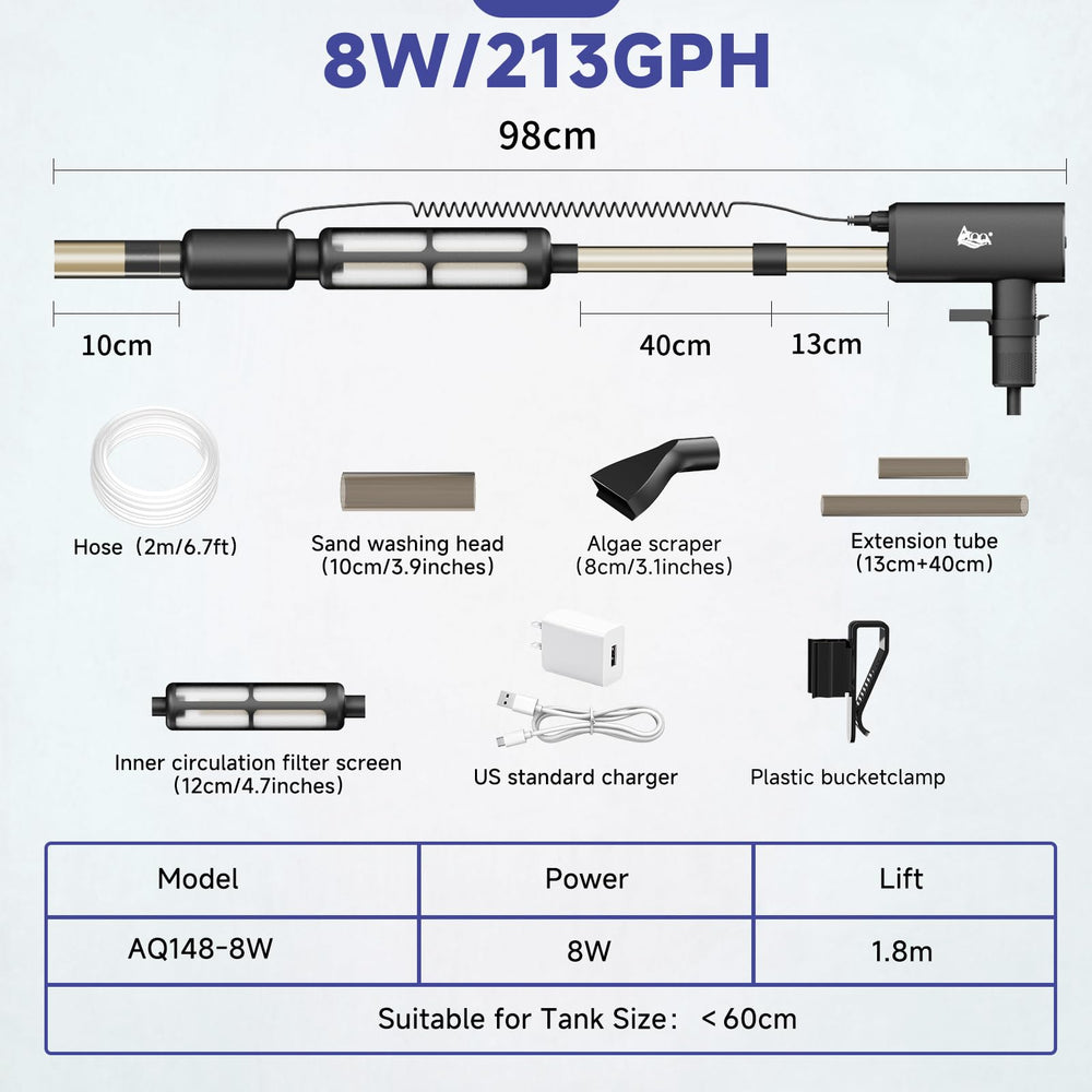 AQQA electric aquarium vacuum includes extension tubes for versatile configurations.