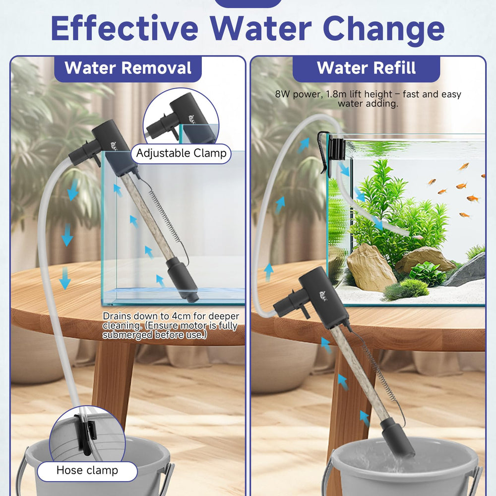 AQQA electric aquarium vacuum rechargeable and plug-in for uninterrupted cleaning sessions.