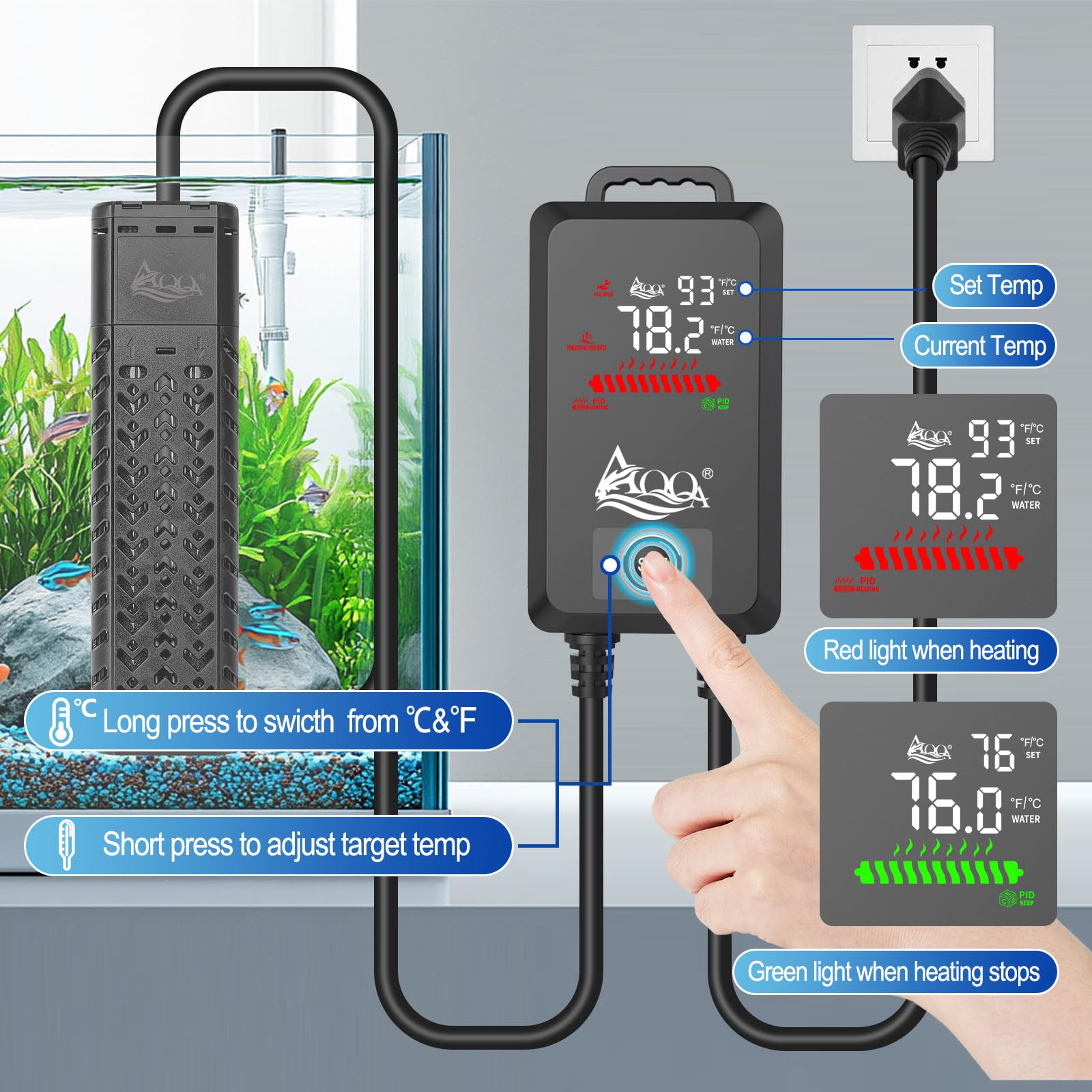 AQQA 1200W control panel shows easy external temperature adjustments and safety settings.