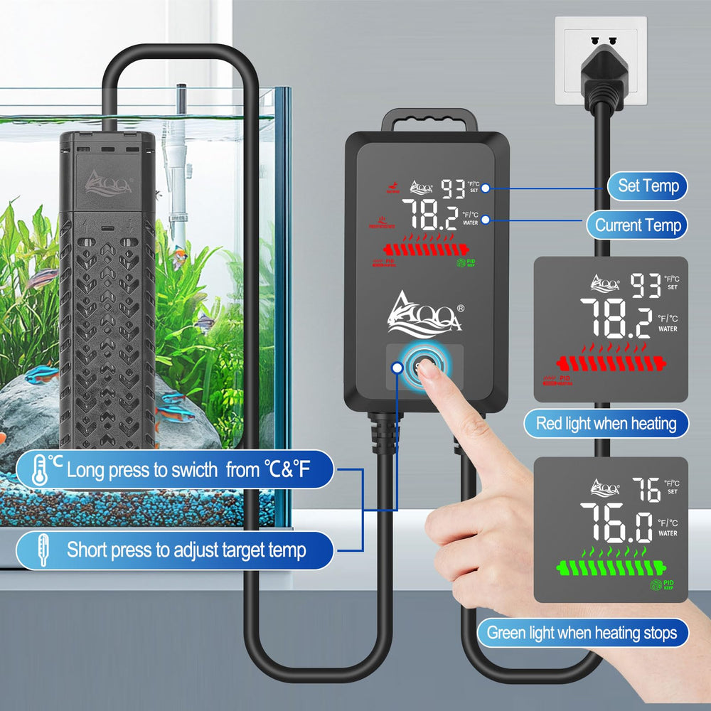 AQQA 1200W control panel shows easy external temperature adjustments and safety settings.