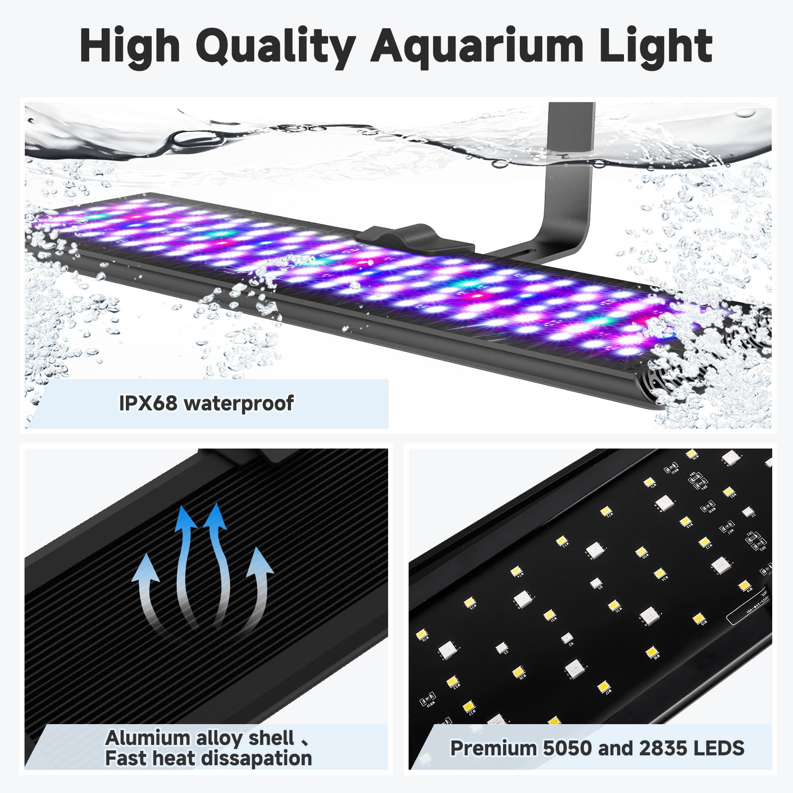 AQQA LED Aquarium Light adjustable clip-on bracket adapts to framed and frameless tanks.