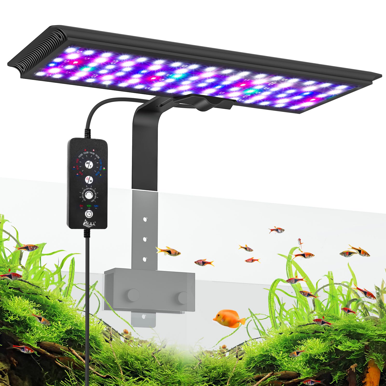 AQQA LED Aquarium Light front view provides bright, even illumination for vivid fish colors.